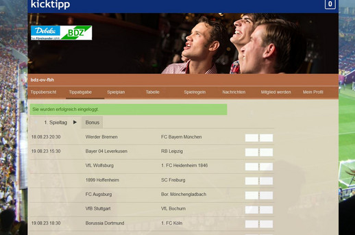 Bildschirmansicht des Kicktipp-Spiels